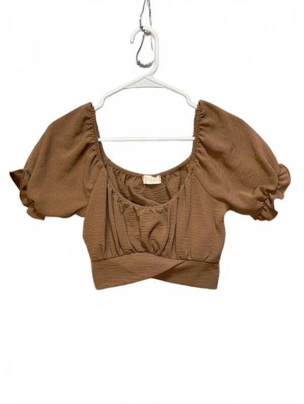 Altar'd State Womens Crop Top Brown Puff Sleeve Back Tie Small